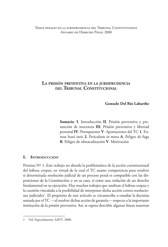 La Prisión Preventiva En La Jurisprudencia Del Tribunal Constitucional