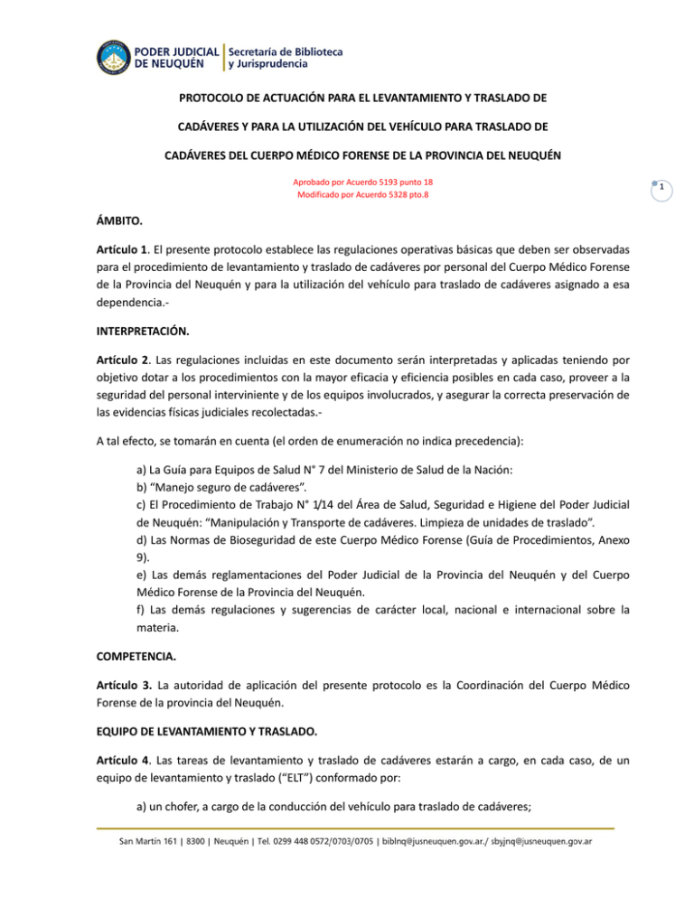Protocolo de actuación para el levantamiento y traslado de