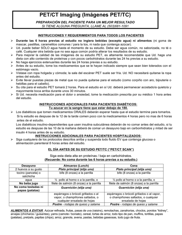 PET CT Prep in Spanish