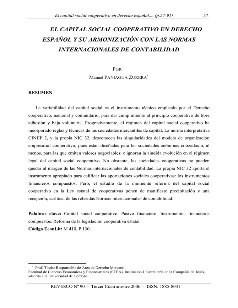 El Capital Social Cooperativo En Derecho Espa ol Y Su Armonizaci n
