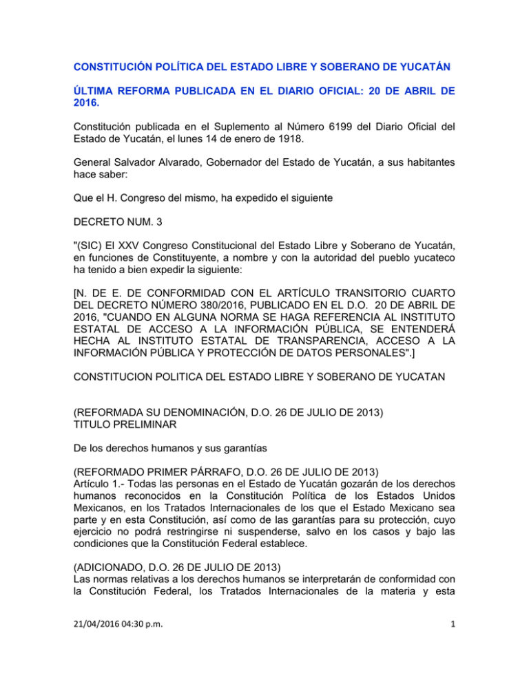 Constitución Política Del Estado Libre Y Soberano De Yucatán