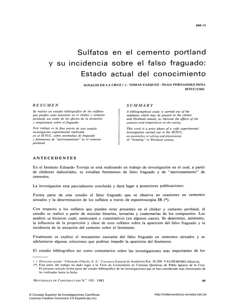 Sulfatos En El Cemento Portland Y Su Incidencia Sobre El Falso