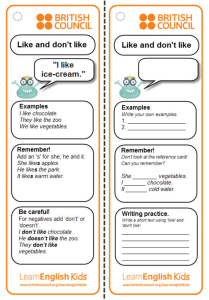 Grammar reference card - like and don`t like