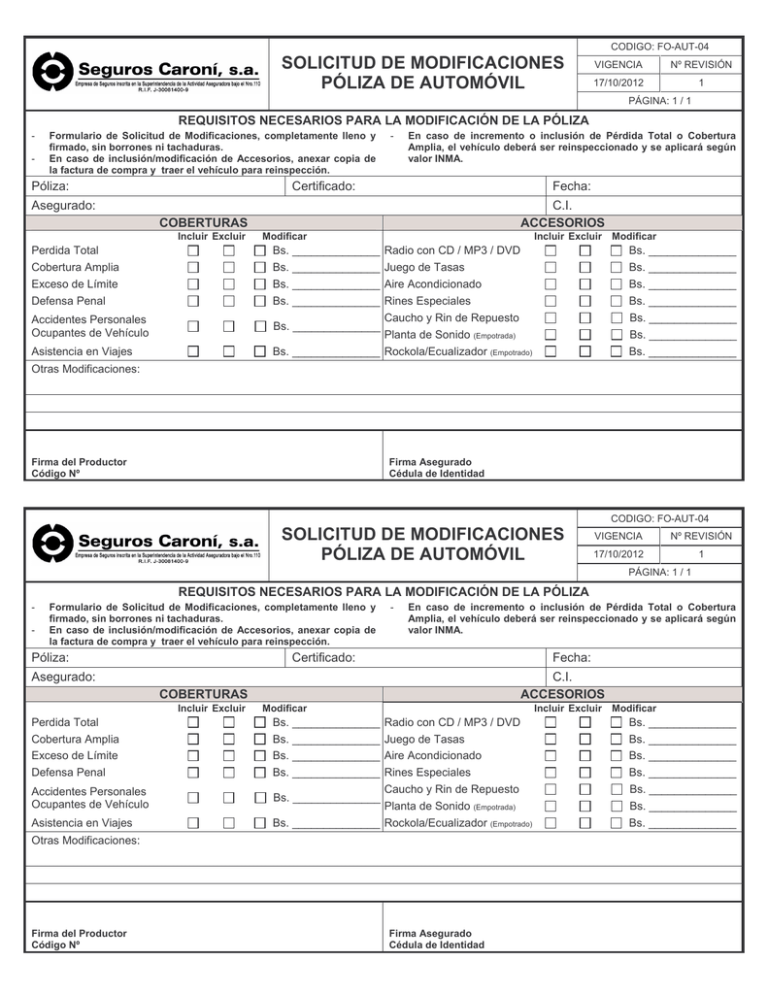 Formulario De Solicitud De Modificaciones Póliza De Automóvil