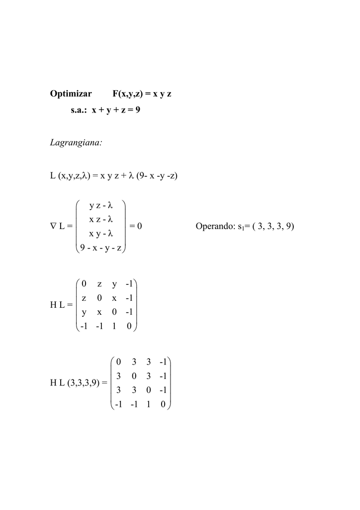 Optimizar Fxyz X Y Z Sa X Y Z 9 Lagrangiana