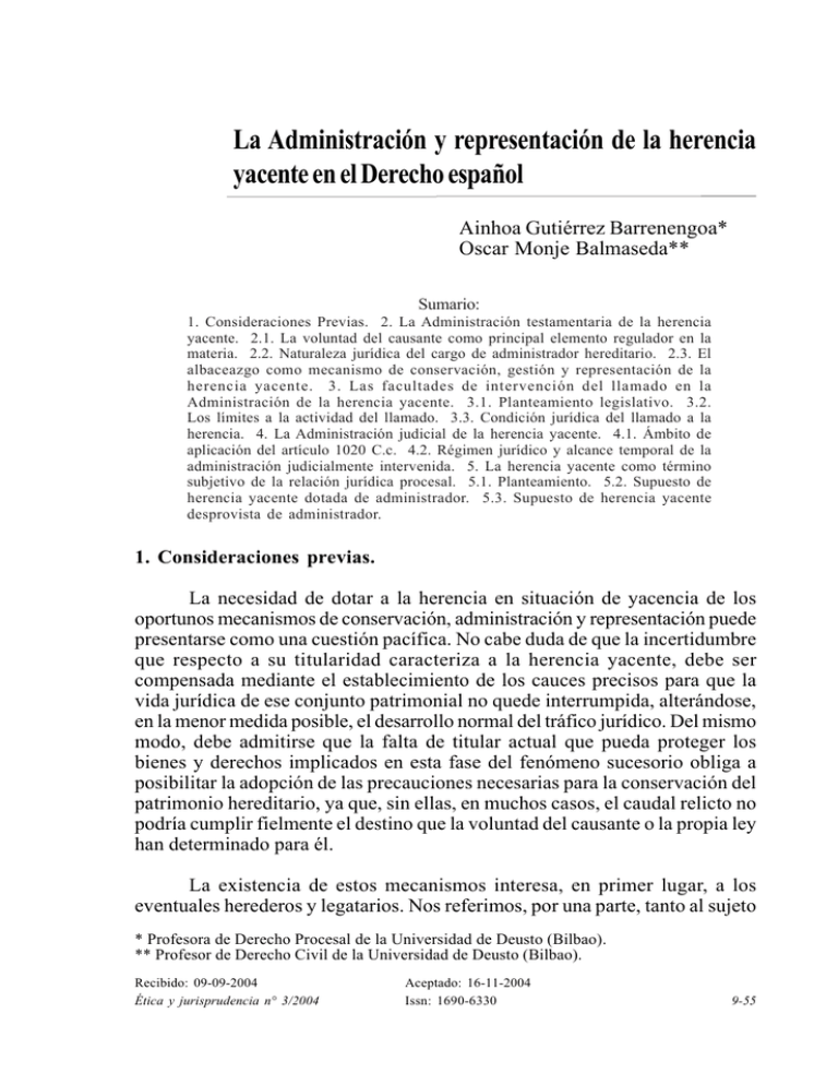 La Administración Y Representación De La Herencia Yacente