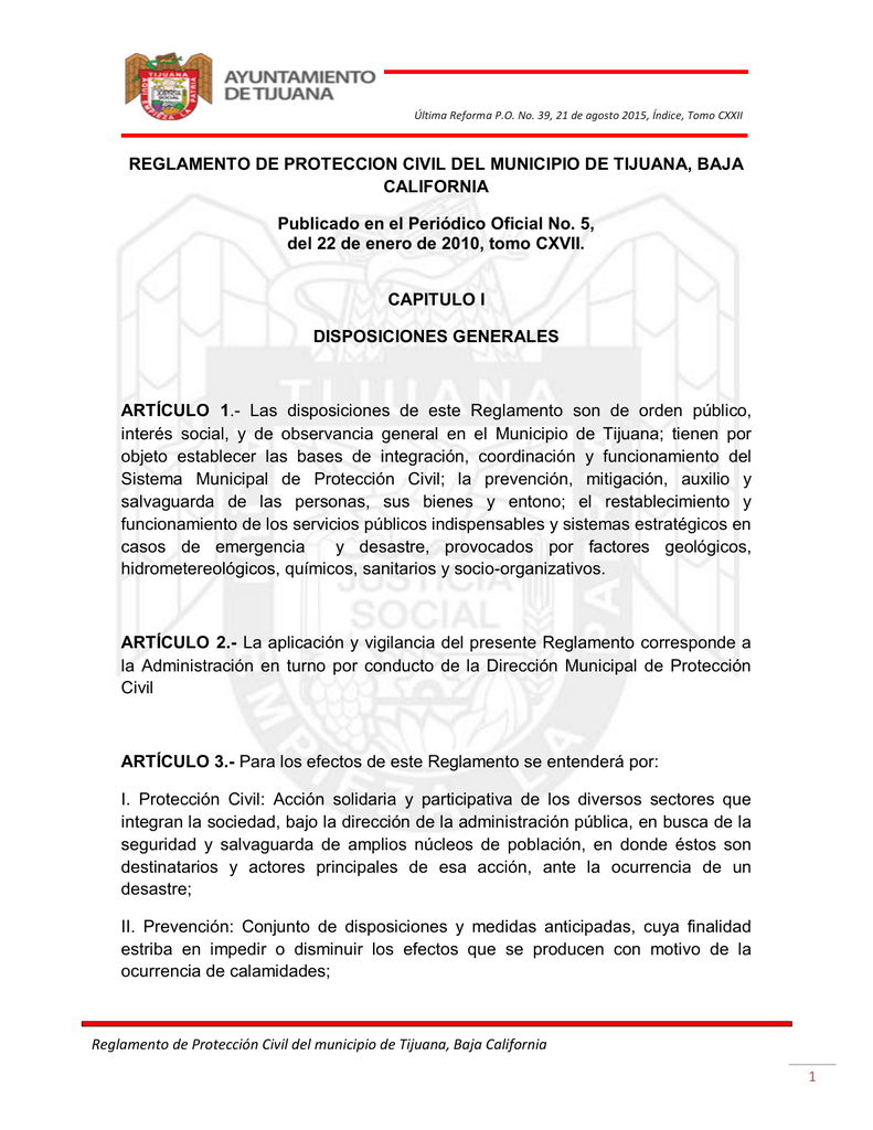Reglamento de Protección Civil del municipio de Tijuana, Baja