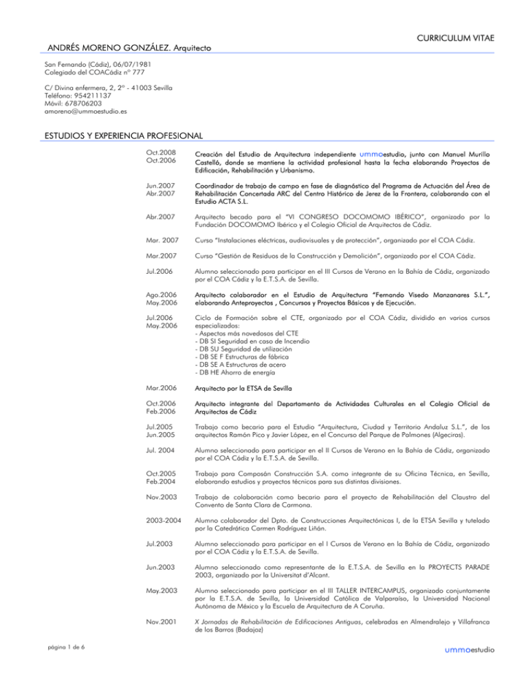 CURRICULUM VITAE ANDRÉS MORENO GONZÁLEZ. Arquitecto