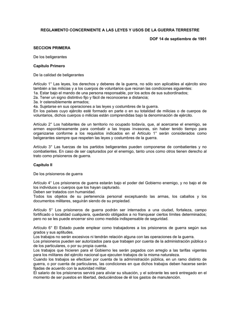 Reglamento concerniente a las Leyes y Usos de la Guerra Terrestre