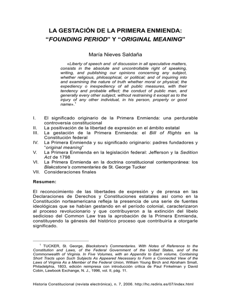 LA GESTACIÓN DE LA PRIMERA ENMIENDA “FOUNDING