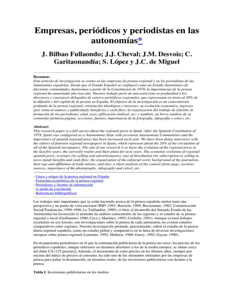 Empresas, Periódicos Y Periodistas En Las Autonomías*