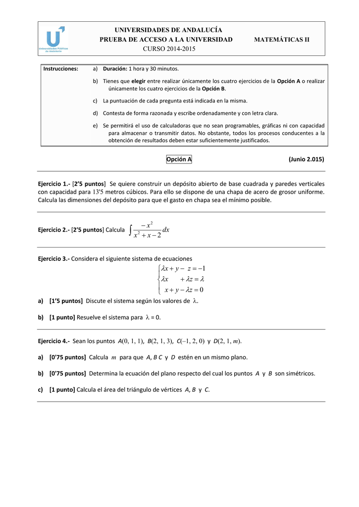 Exámenes Resueltos De Selectividad Andalucía Matemáticas II De