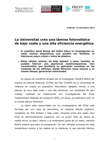 La Universitat crea una lámina fotovoltaica de bajo coste y una alta