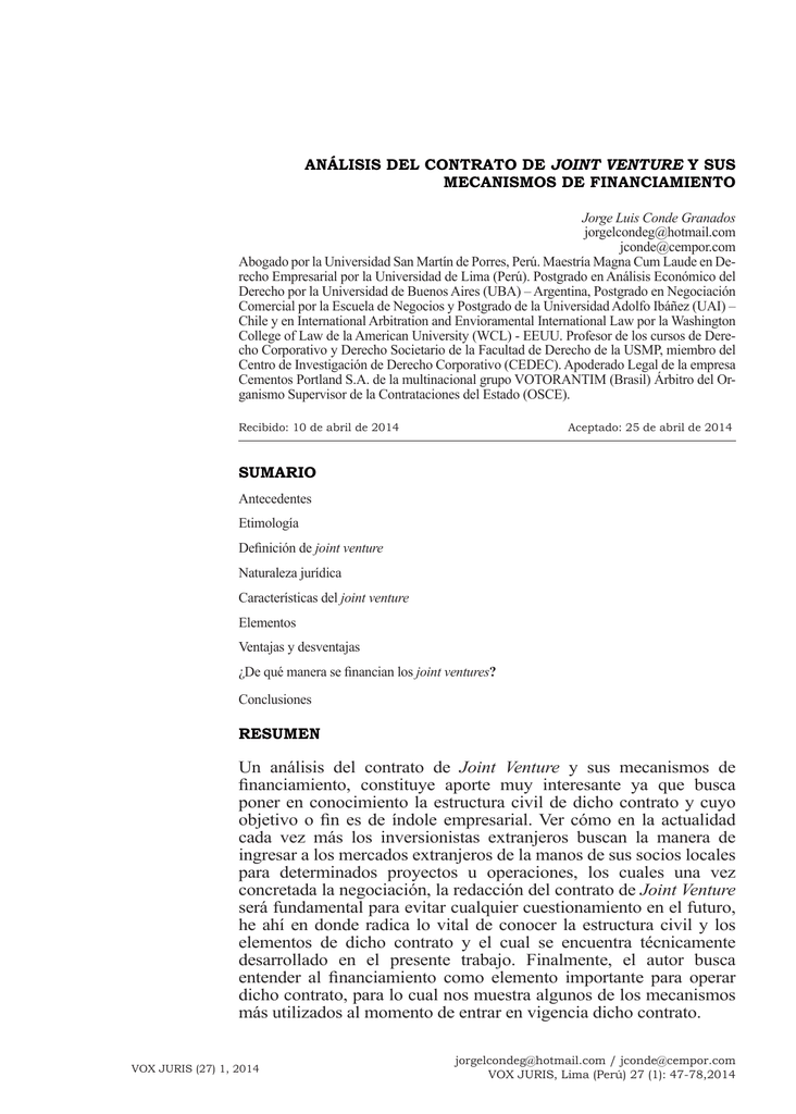 Un análisis del contrato de Joint Venture y sus mecanismos de