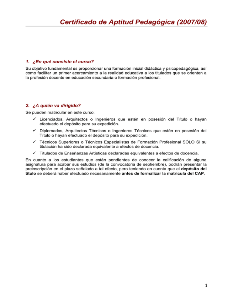 Curso para la obtención del Certificado de Aptitud Pedagógica