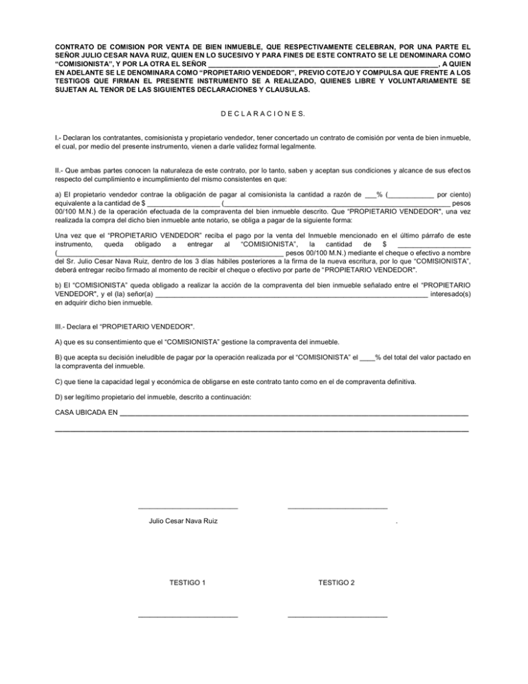 CONTRATO DE COMISION POR VENTA DE BIEN INMUEBLE, QUE