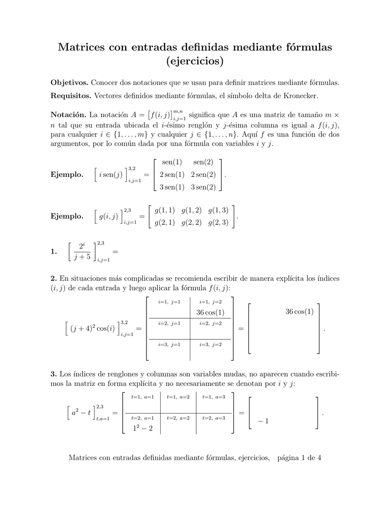 Matrices Con Entradas Definidas Mediante Formulas Ejercicios