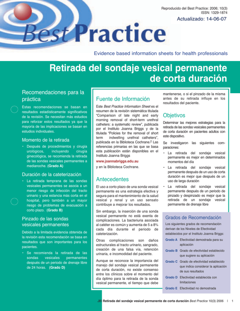 Retirada Del Sondaje Vesical Permanente De Corta Duraci n