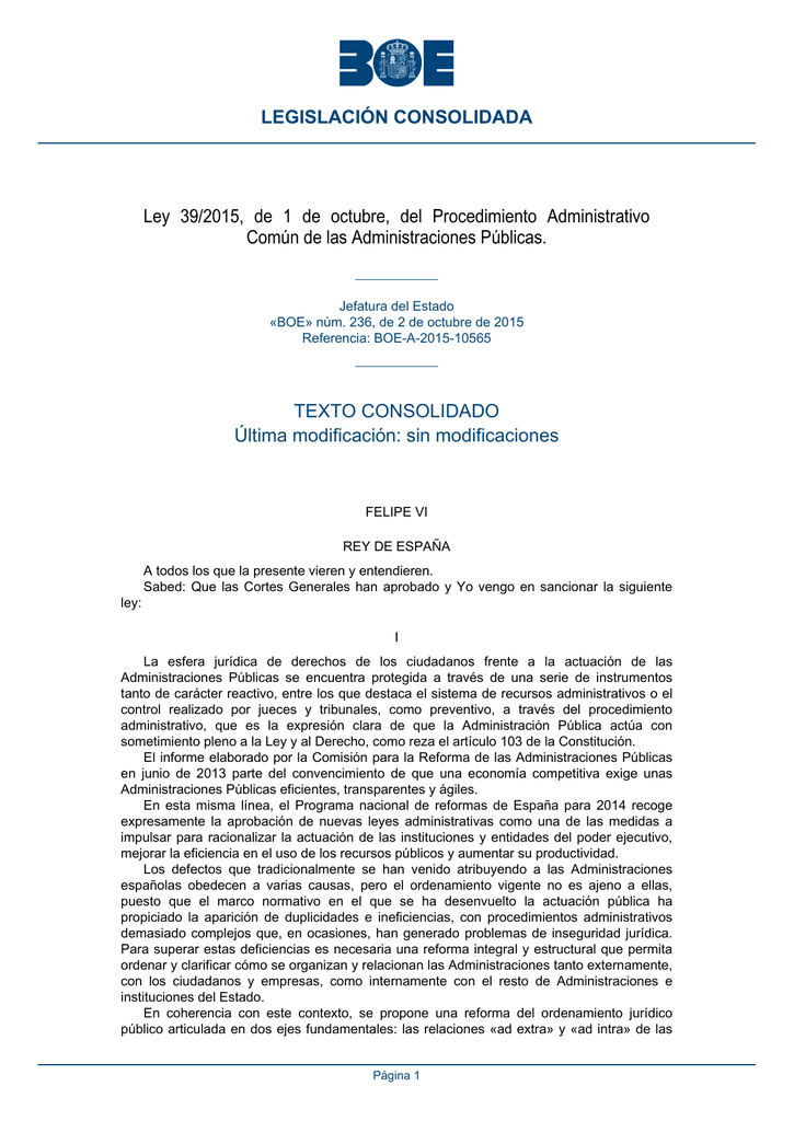 Ley 39/2015, De 1 De Octubre, Del Procedimiento Administrativo