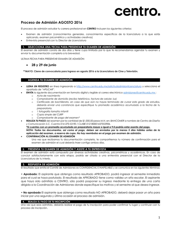 Proceso De Admisi n AGOSTO 2016