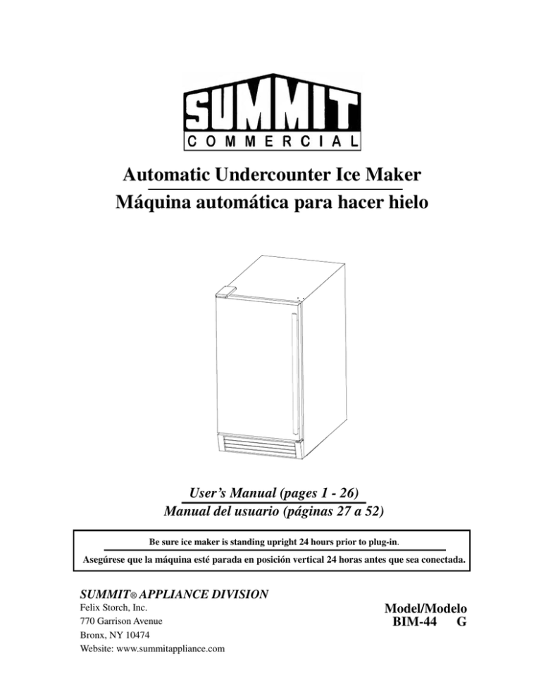 Model/Modelo BIM44 G Automatic Undercounter Ice Maker