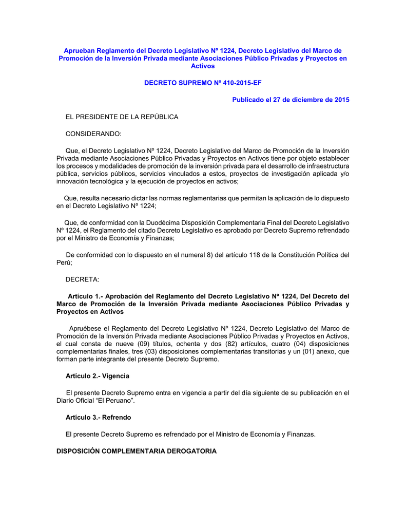 Aprueban Reglamento Del Decreto Legislativo Nº 1224, Decreto