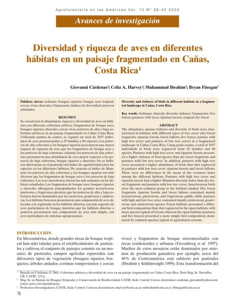 Diversidad Y Riqueza De Aves En Diferentes Hábitats En Un Paisaje