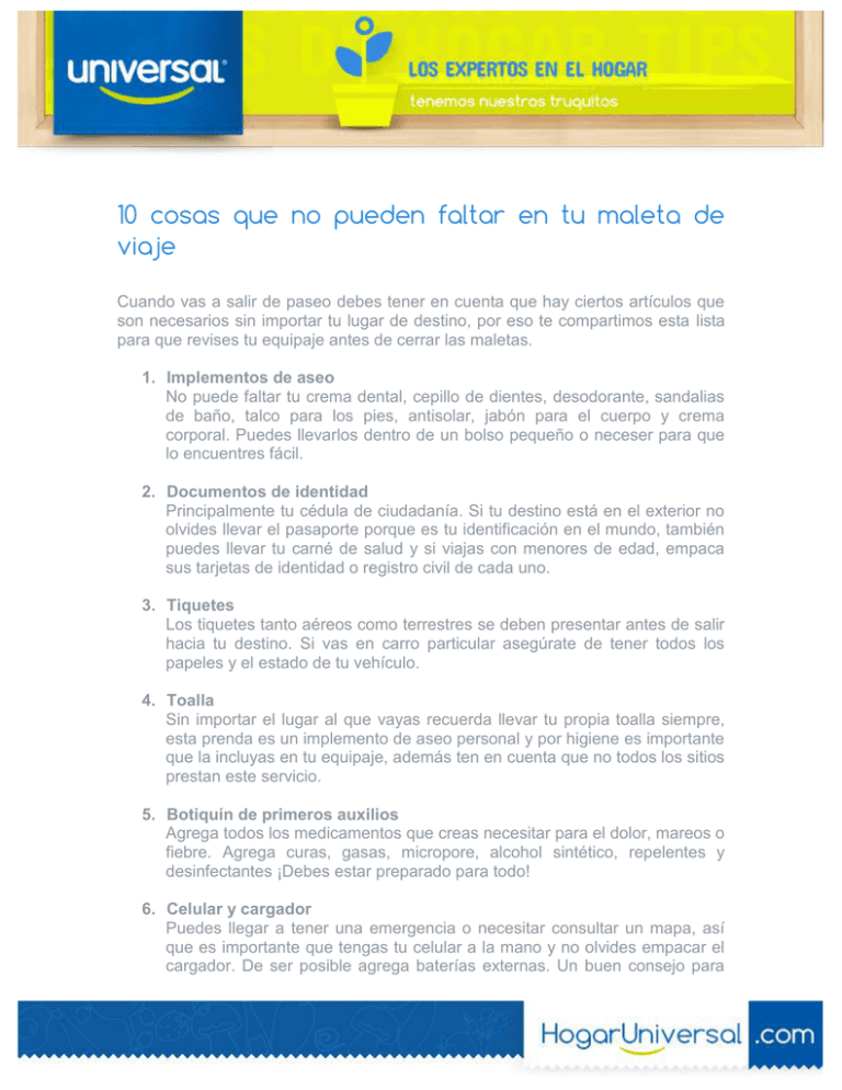 10 cosas que no pueden faltar en tu maleta de viaje