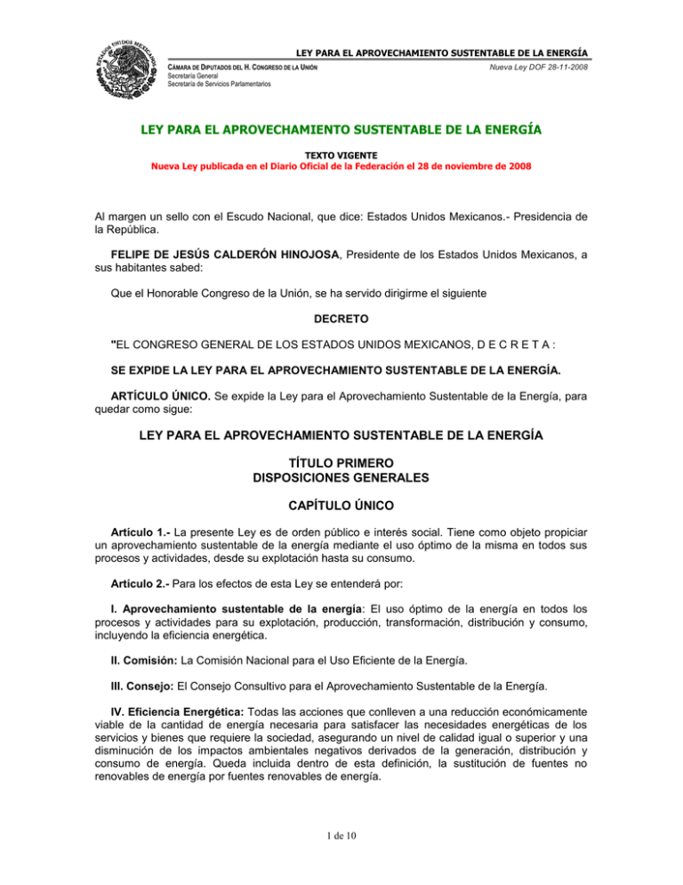 Ley Para El Aprovechamiento Sustentable De La Energía