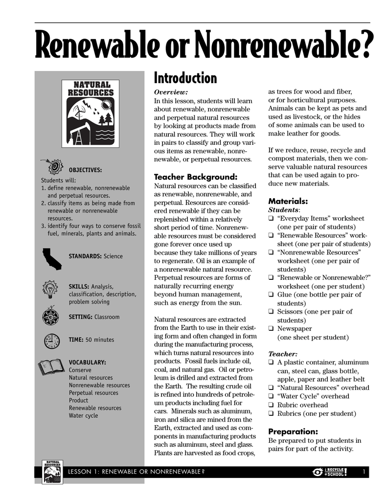 Renewable or Nonrenewable? For Renewable And Nonrenewable Resources Worksheet