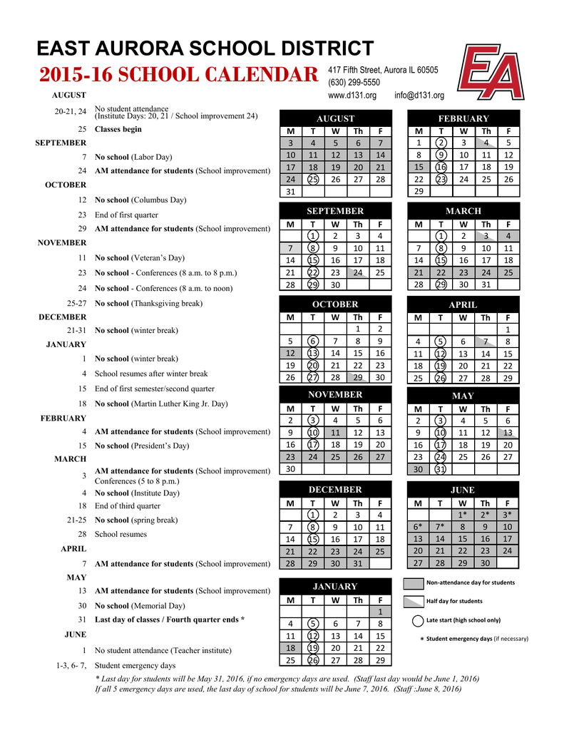 2015-16 school calendar - East Aurora School District 131