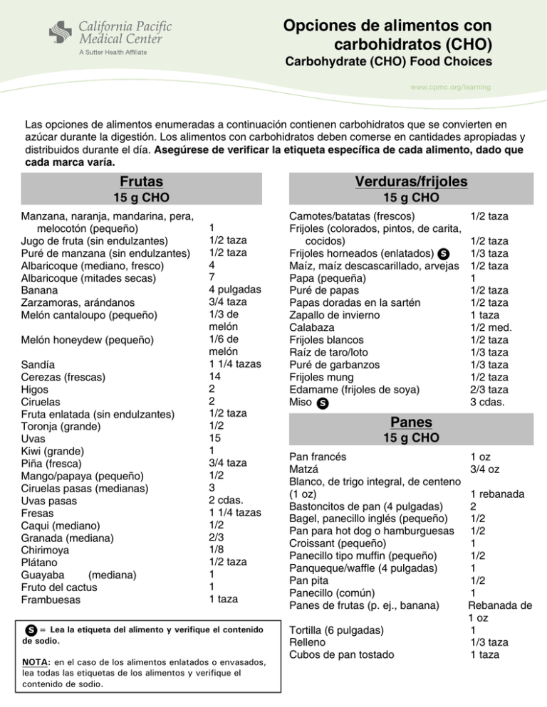 Opciones de alimentos con carbohidratos