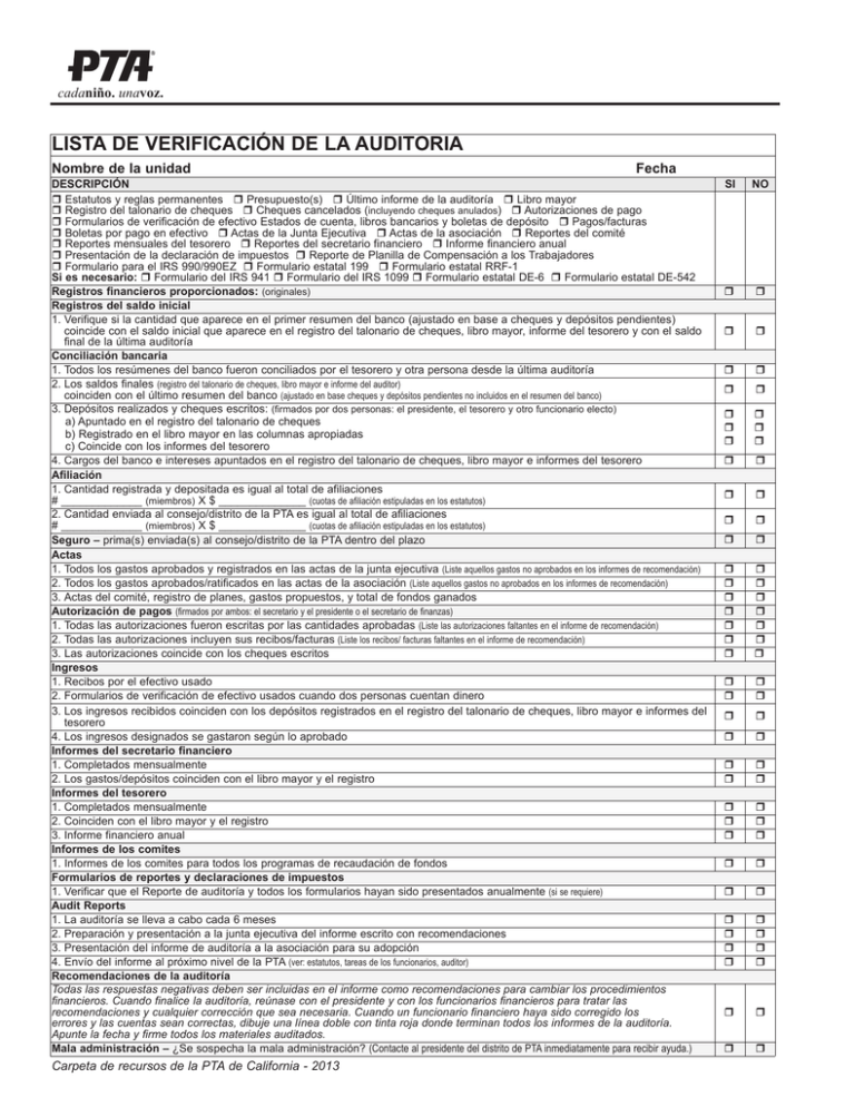 Lista De Verificación De La Auditoría