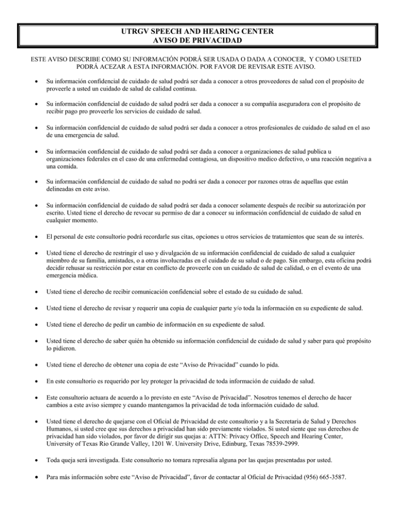 utrgv speech and hearing center aviso de privacidad