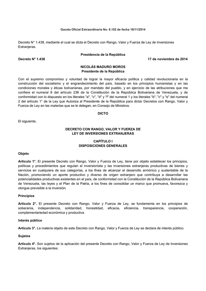 Decreto N° 1.438, Mediante El Cual Se Dicta El Decreto Con Rango