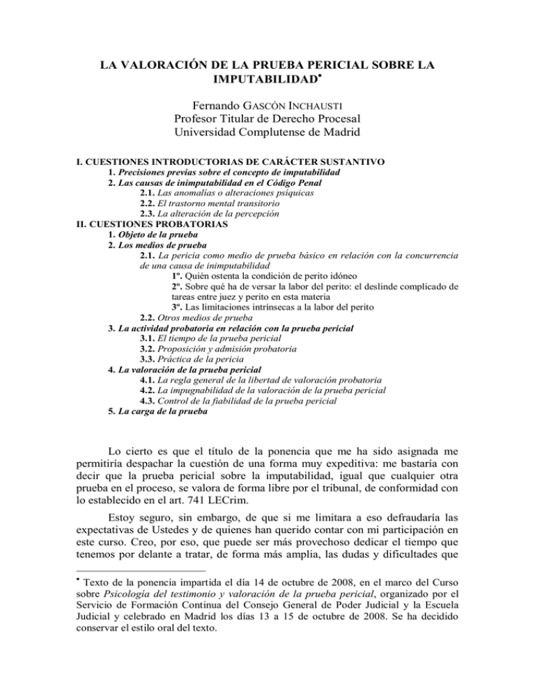 La Valoración De La Prueba Pericial Sobre La Imputabilidad - E