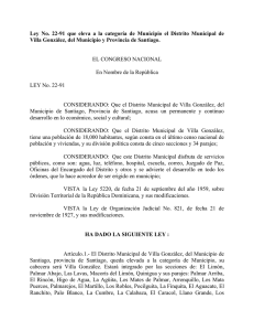 Ley No. 22-91 que eleva a la categoría de Municipio el Distrito