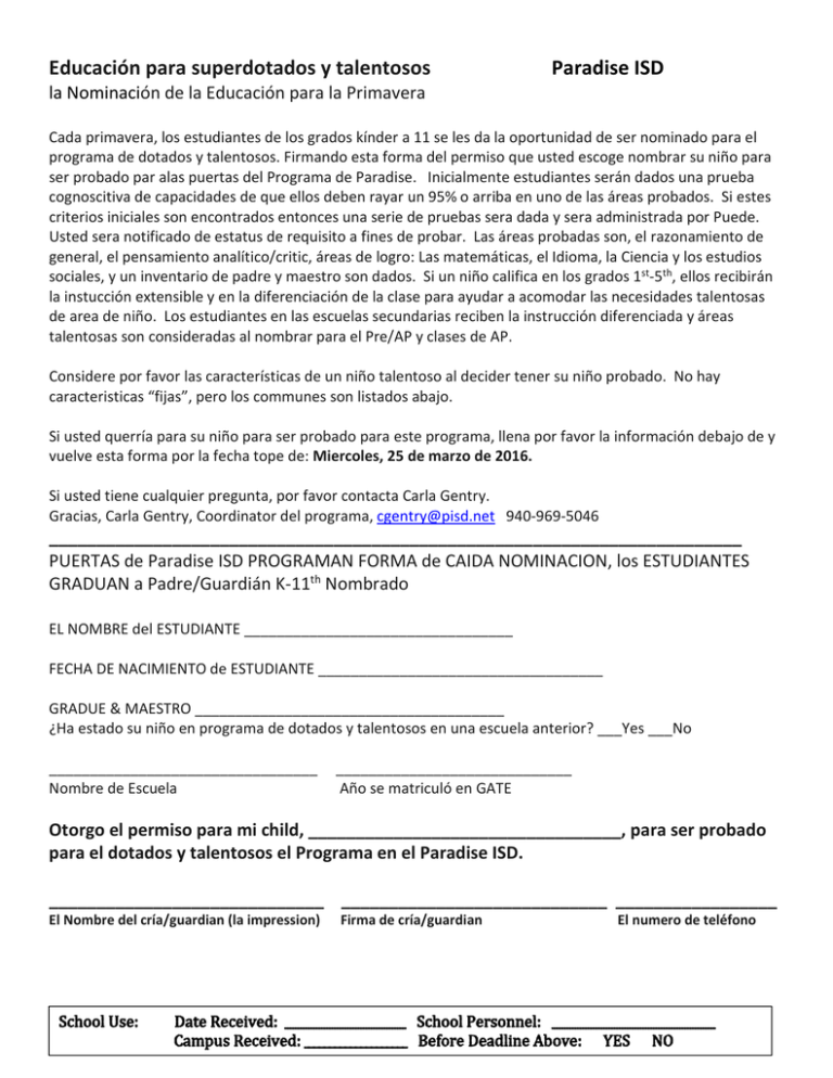 Educaci n Para Superdotados Y Talentosos Paradise ISD