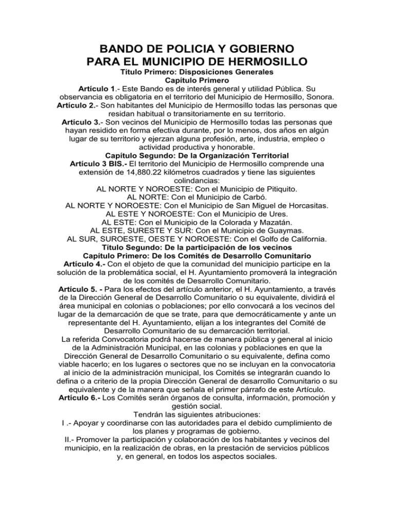 bando de policia y gobierno para el municipio de hermosillo