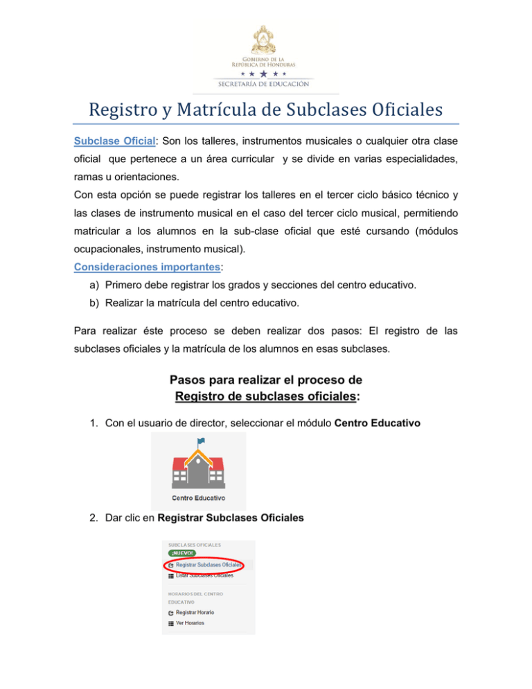 Registro Y Matrí Cula De Subclases Oficiales - SACE