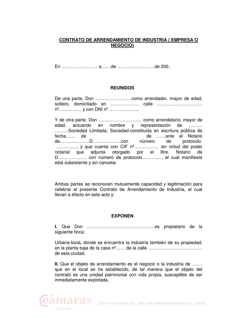 CONTRATO DE ARRENDAMIENTO DE INDUSTRIA ( EMPRESA O