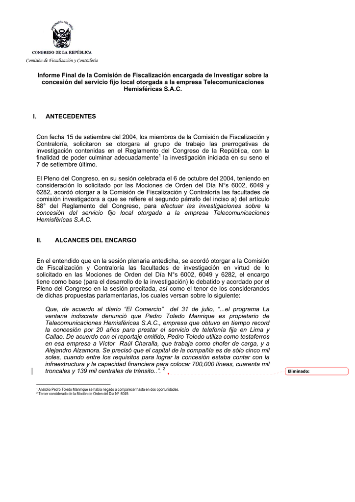 Informe Final De La Comisión De Fiscalización Encargada De