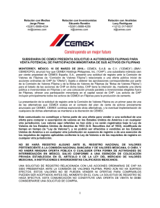 subsidiaria de cemex presenta solicitud a autoridades filipinas para