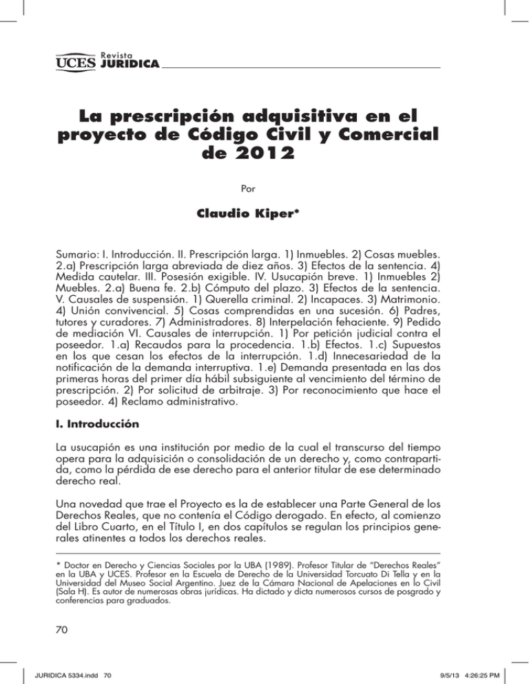 La Prescripción Adquisitiva En El Proyecto De Código Civil Y