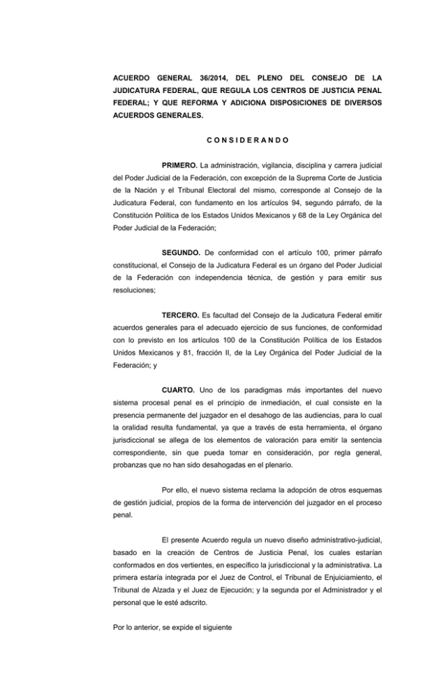 Acuerdo General 36 2014 Del Pleno Del Consejo De La Judicatura