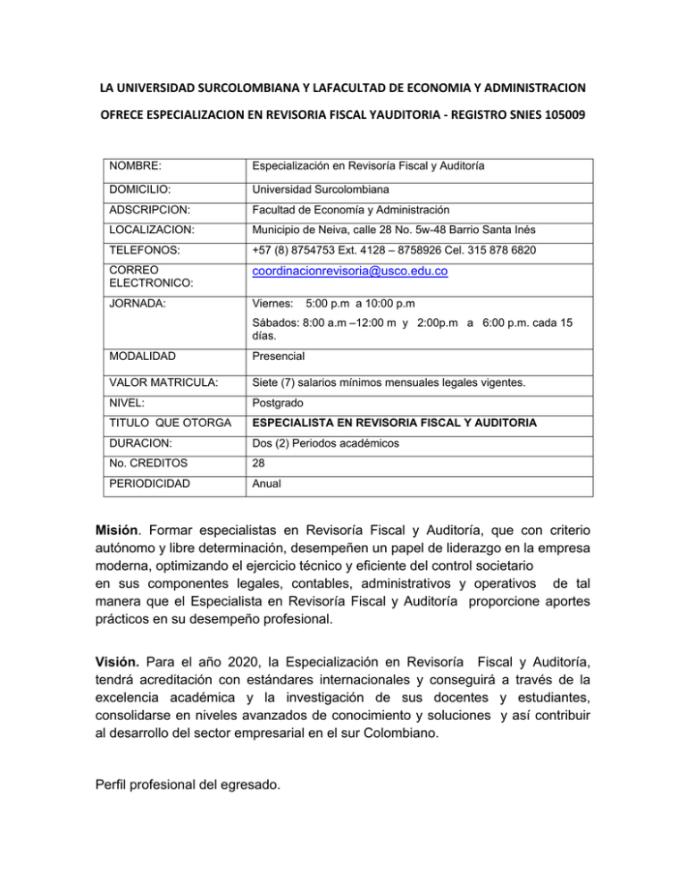 Especialización En Revisoría Fiscal Y Auditoría