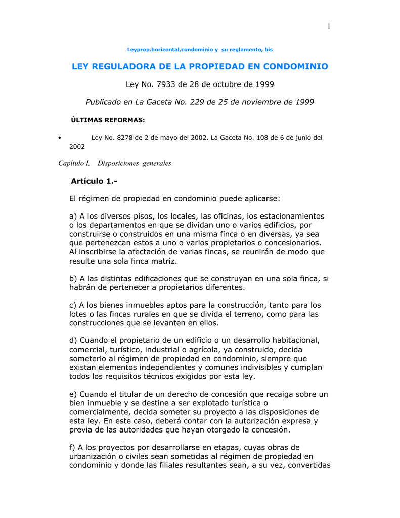 LEY REGULADORA DE LA PROPIEDAD EN CONDOMINIO