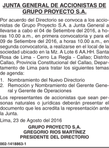 JUNTA GENERAL DE ACCIONISTAS DE GRUPO PROYECTO S.A.