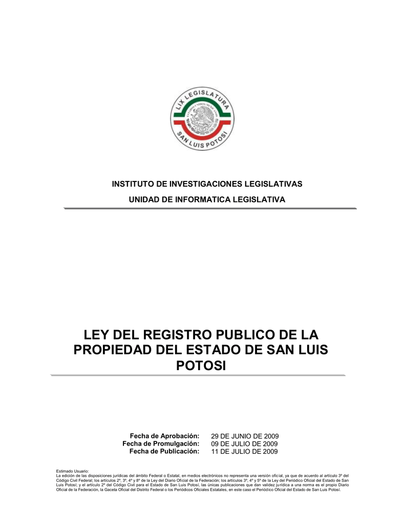 ley del registro publico de la propiedad del estado de san