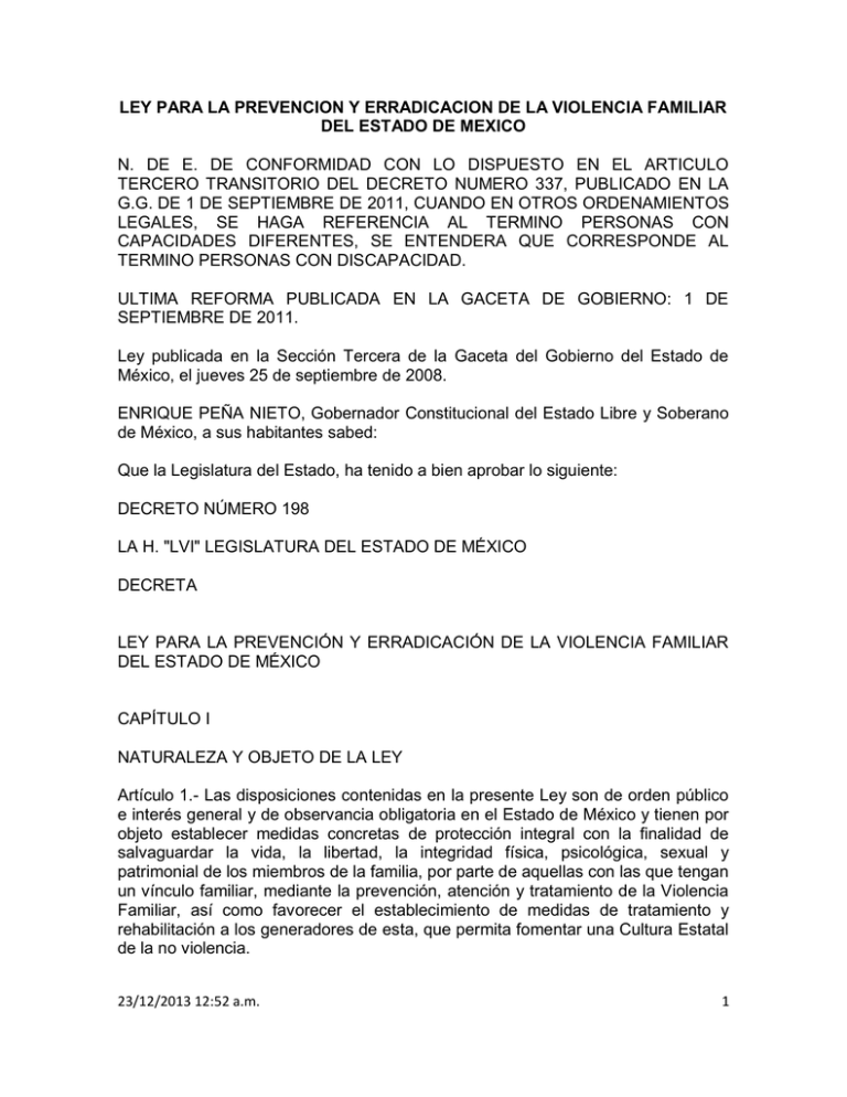 ley para la prevencion y erradicacion de la violencia